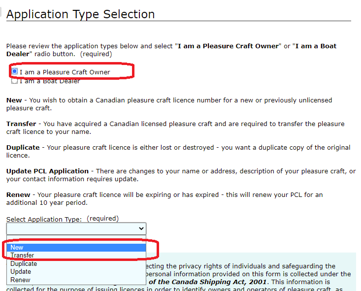 Application for Canada pleasure craft licence