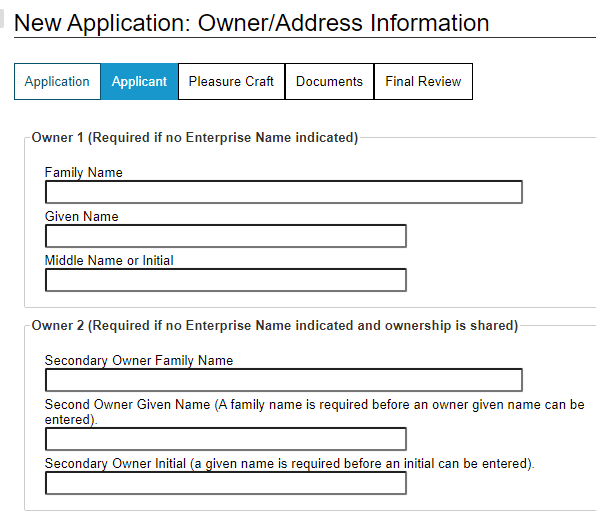 Application for Canada pleasure craft licence step 2