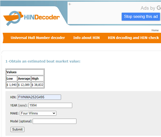 Example HINDecoder Boat Value Estimate