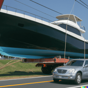 a yacht being hauled by a truck