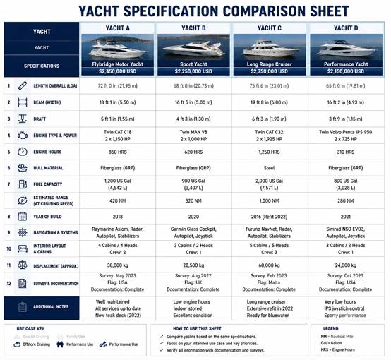 Yacht specs comparison sheet